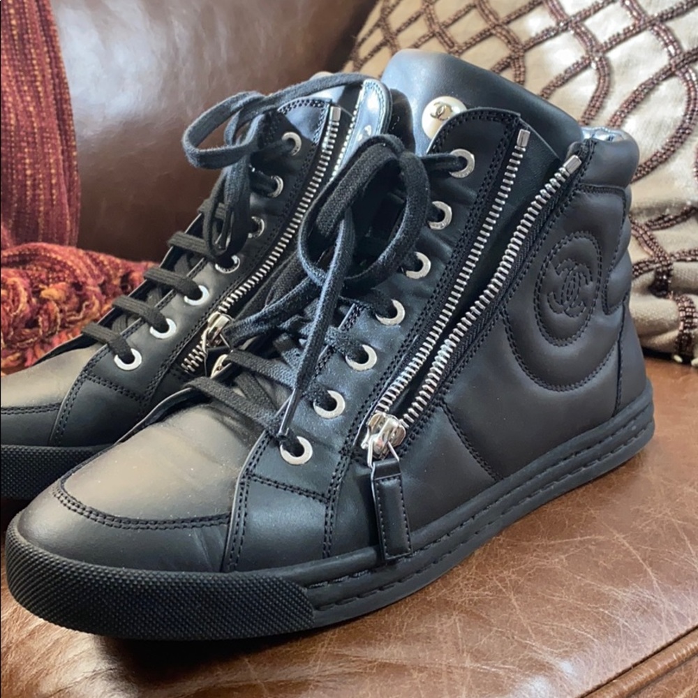 black leather Chanel high tops with pearl!